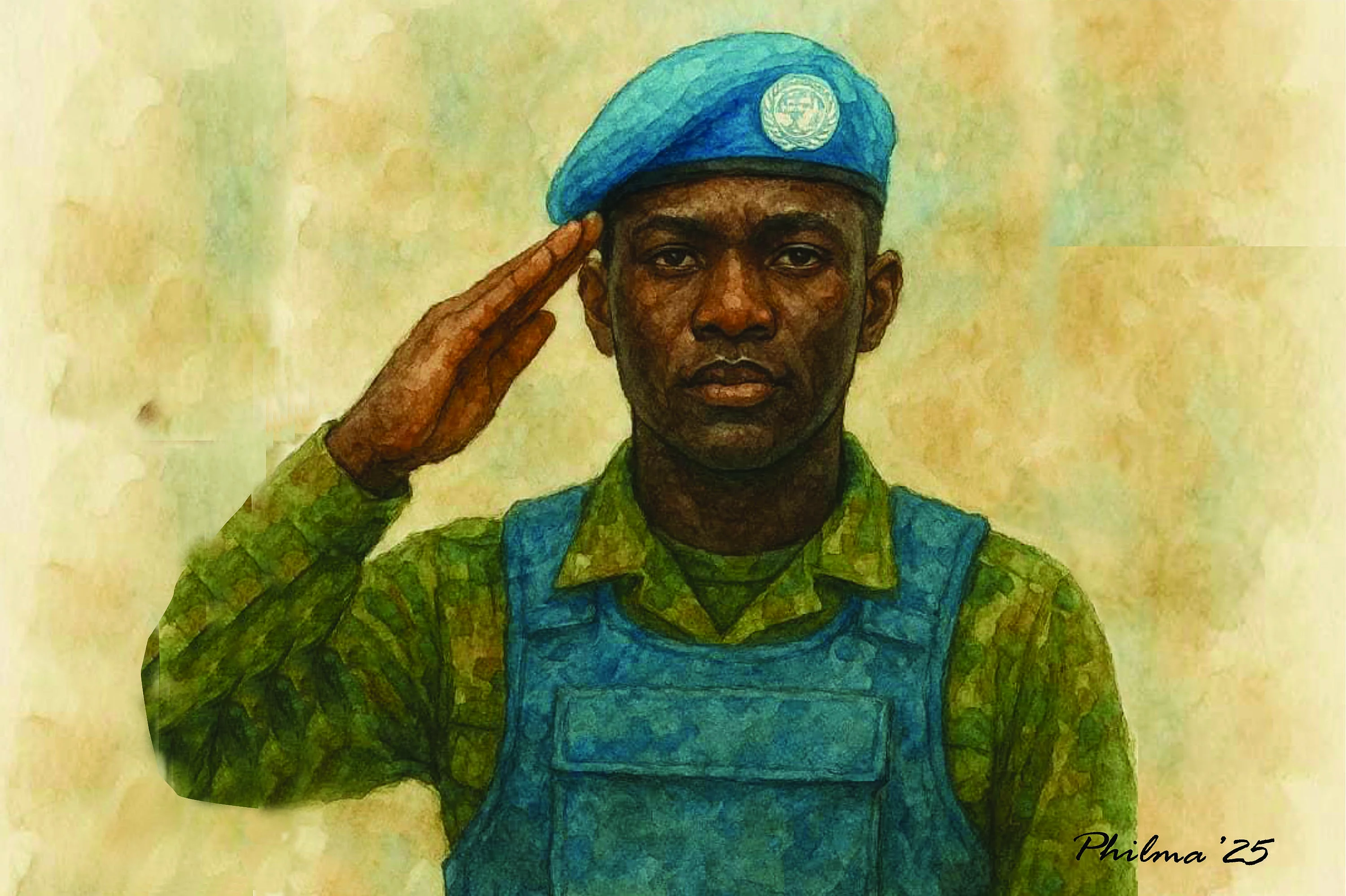Illustration d'un soldat casque bleu saluant.